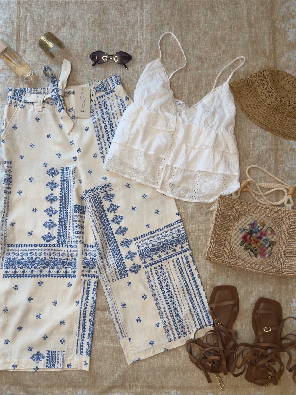 Joie White & Blue Printed Wide-Leg Pants with Tie Waist